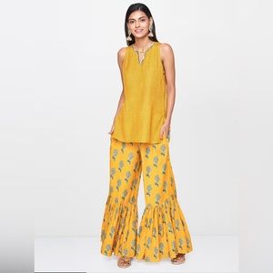 Global Desi Yellow Printed Sleeveless Kurta & Flared Pants Set